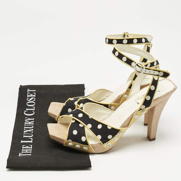 Pre Owned Saint Laurent Cream/Black Polka Dot Printed Fabric And  Leather Wooden Sandals Size 39