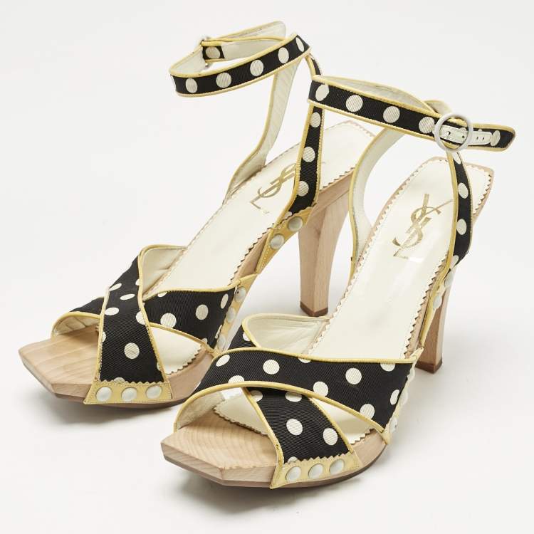 Pre Owned Saint Laurent Cream/Black Polka Dot Printed Fabric And  Leather Wooden Sandals Size 39