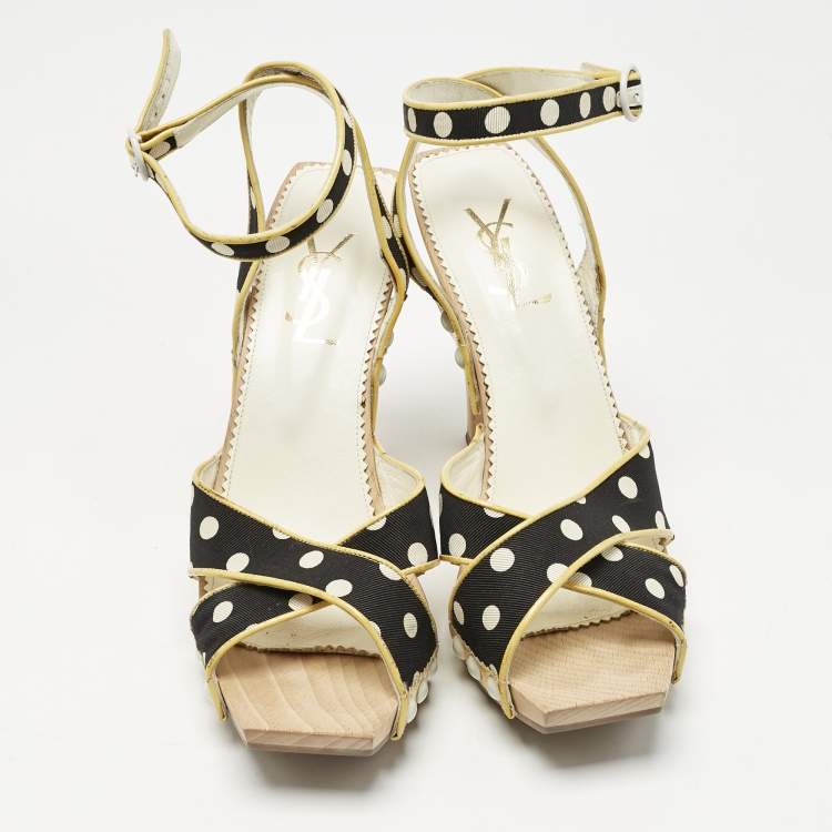 Pre Owned Saint Laurent Cream/Black Polka Dot Printed Fabric And  Leather Wooden Sandals Size 39