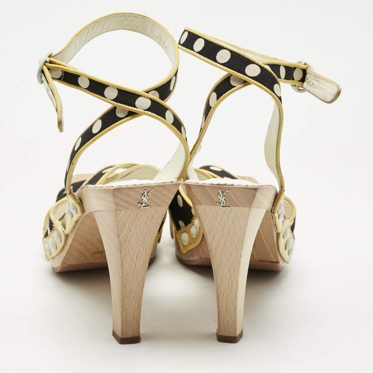 Pre Owned Saint Laurent Cream/Black Polka Dot Printed Fabric And  Leather Wooden Sandals Size 39