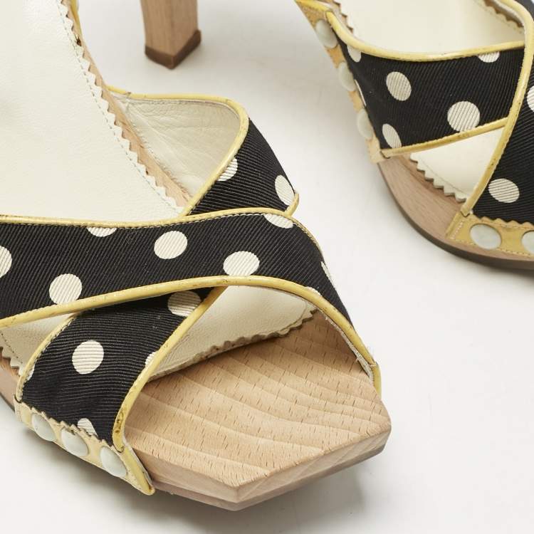 Pre Owned Saint Laurent Cream/Black Polka Dot Printed Fabric And  Leather Wooden Sandals Size 39