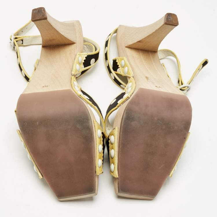 Pre Owned Saint Laurent Cream/Black Polka Dot Printed Fabric And  Leather Wooden Sandals Size 39