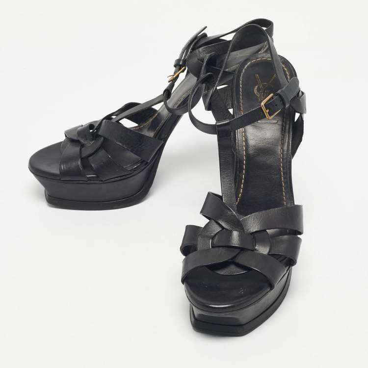 Pre Owned Yves Saint Laurent Black Leather Platform Sandals Size 41