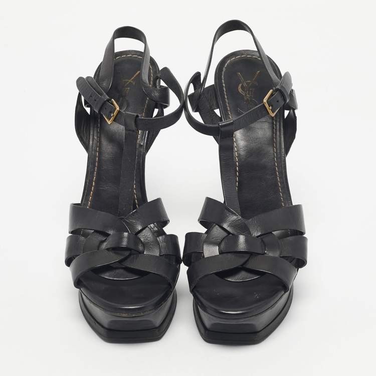 Pre Owned Yves Saint Laurent Black Leather Platform Sandals Size 41