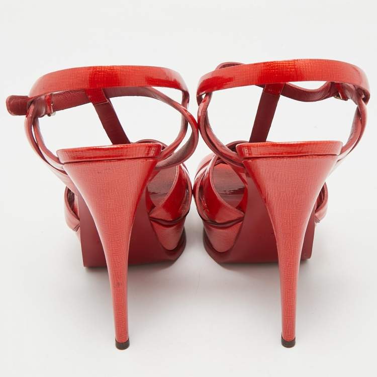 Pre Owned Yves Saint Laurent Red Patent Leather Tribute Platform Sandals Size 38