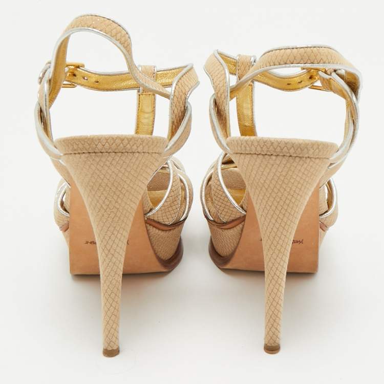 Pre Owned Yves Saint Laurent Beige/Silver Suede and Leather Platform Sandals Size 36.5