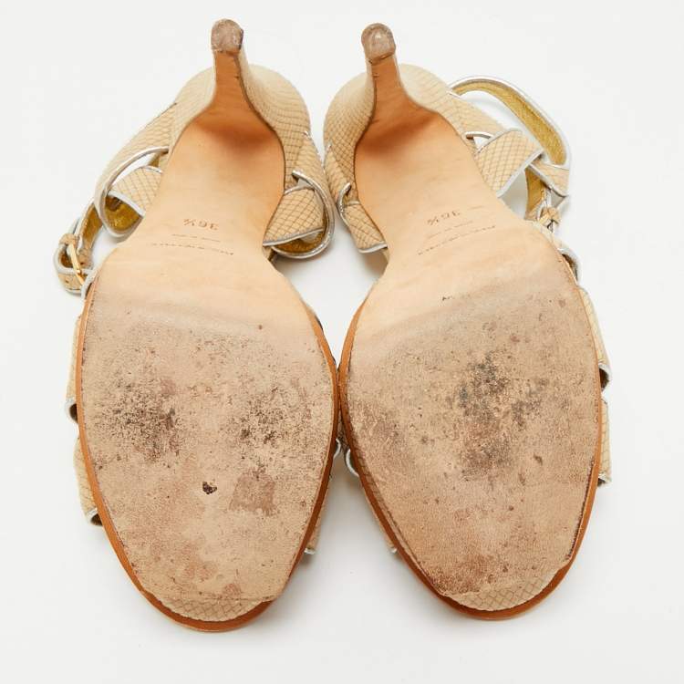 Pre Owned Yves Saint Laurent Beige/Silver Suede and Leather Platform Sandals Size 36.5