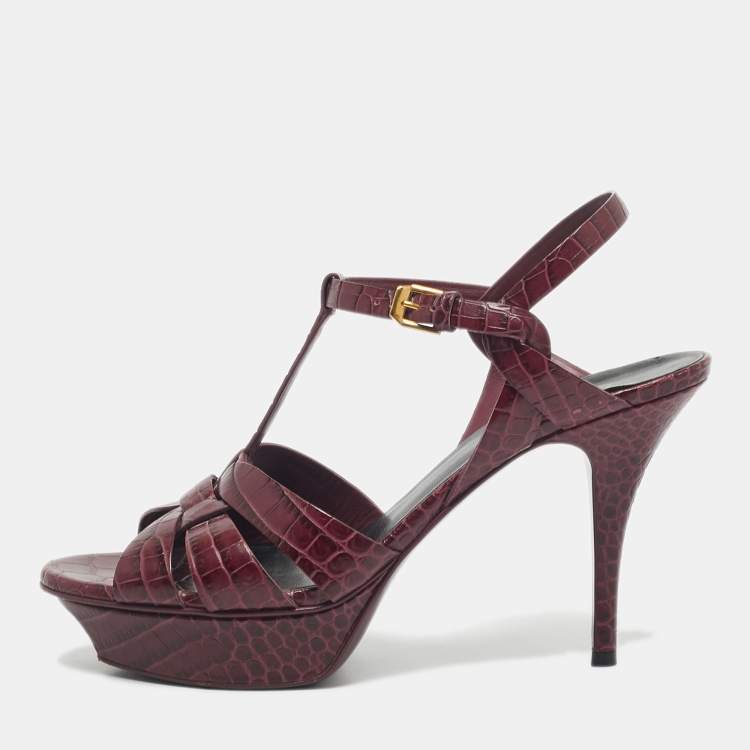 Pre Owned Yves Saint Laurent Burgundy Croc Embossed Leather Tribute Sandals Size 40.5