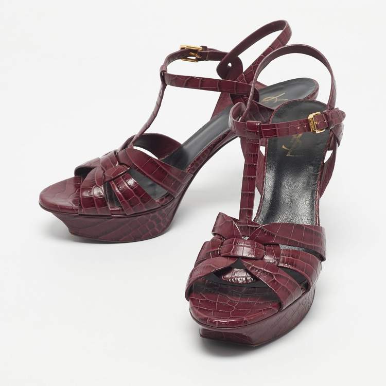 Pre Owned Yves Saint Laurent Burgundy Croc Embossed Leather Tribute Sandals Size 40.5