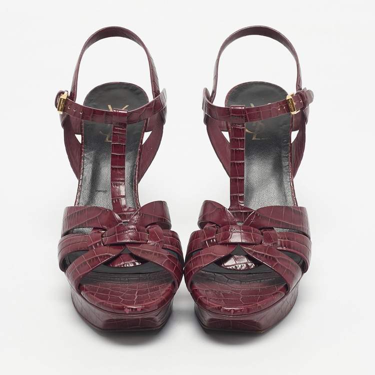 Pre Owned Yves Saint Laurent Burgundy Croc Embossed Leather Tribute Sandals Size 40.5