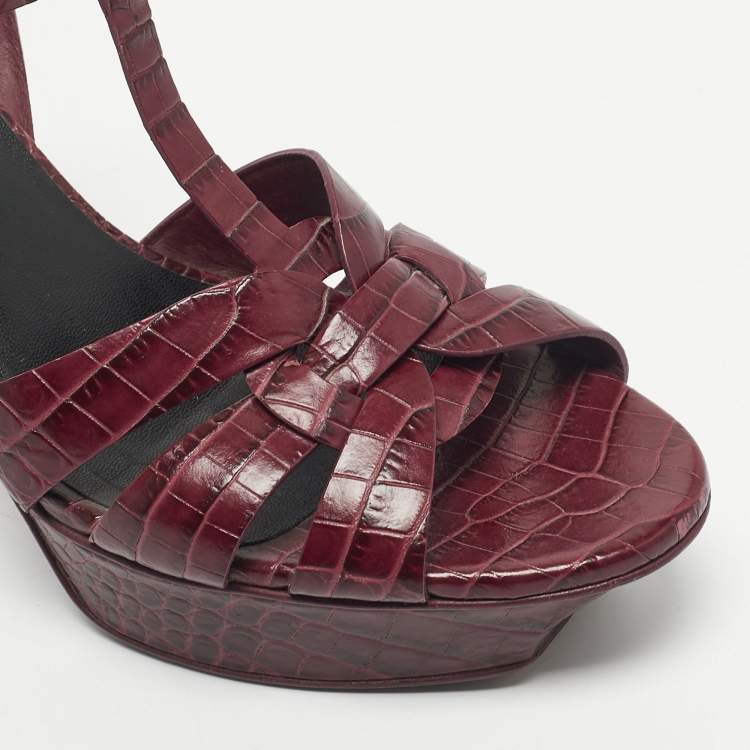 Pre Owned Yves Saint Laurent Burgundy Croc Embossed Leather Tribute Sandals Size 40.5