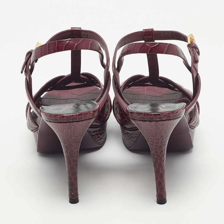 Pre Owned Yves Saint Laurent Burgundy Croc Embossed Leather Tribute Sandals Size 40.5
