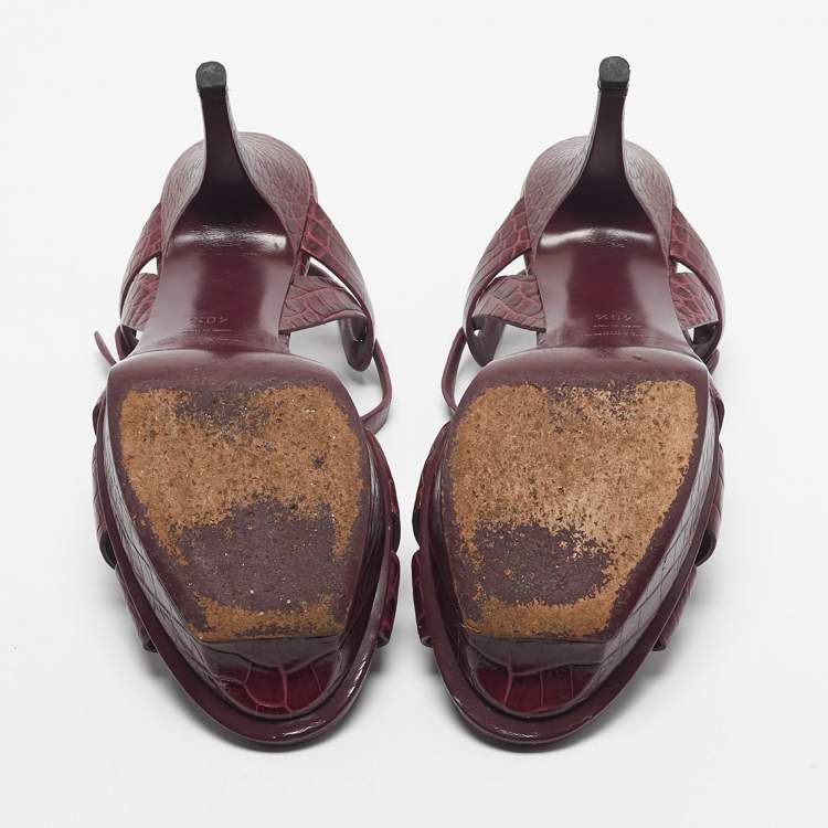 Pre Owned Yves Saint Laurent Burgundy Croc Embossed Leather Tribute Sandals Size 40.5