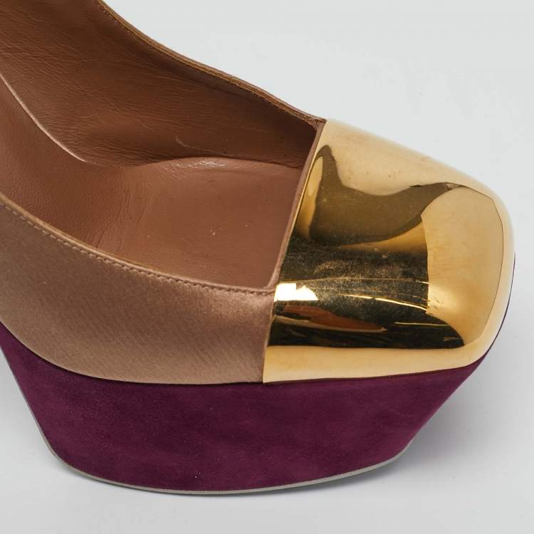 Pre Owned Yves Saint Laurent Tricolor Leather and Satin Platform Pumps Size 35