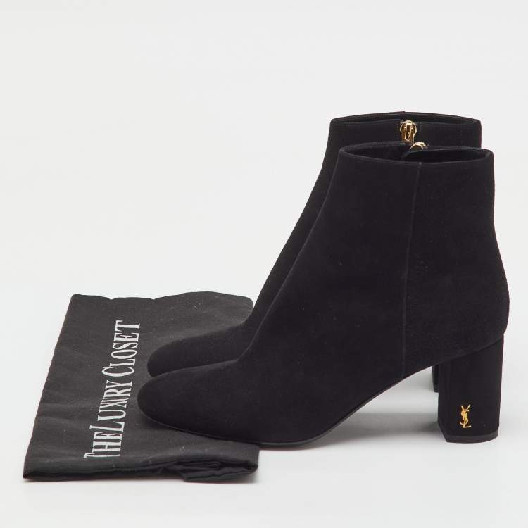 Pre Owned Saint Laurent Black Suede Loulou Zip Ankle Length Boots Size 36