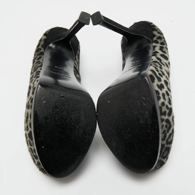 Pre Owned Saint Laurent Grey/Black Leopard Print Calf Hair Platform Pumps Size 36.5