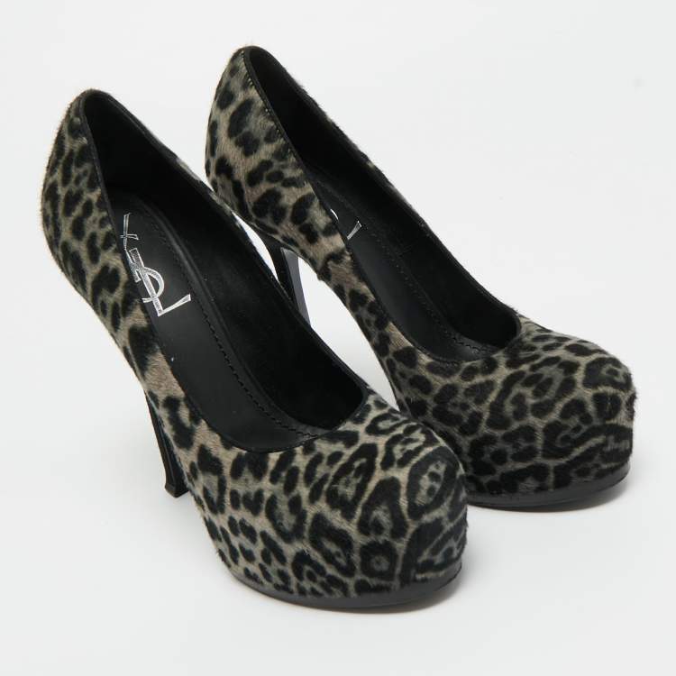 Pre Owned Saint Laurent Grey/Black Leopard Print Calf Hair Platform Pumps Size 36.5