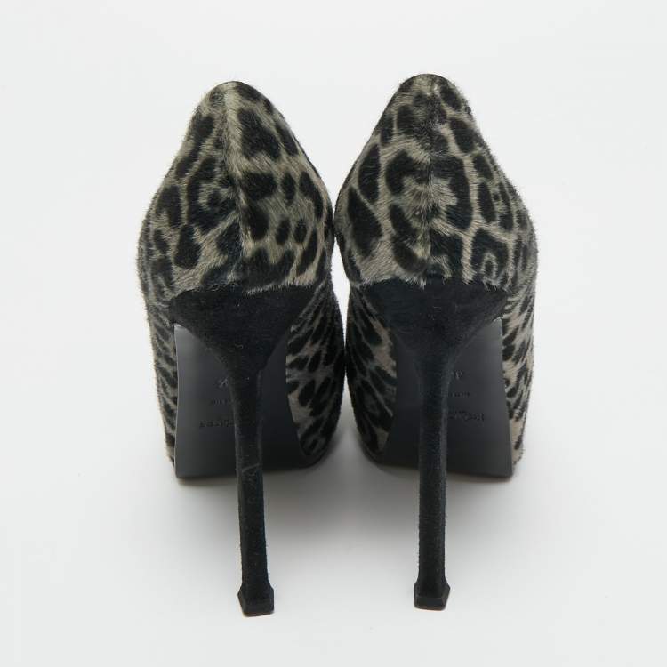 Pre Owned Saint Laurent Grey/Black Leopard Print Calf Hair Platform Pumps Size 36.5
