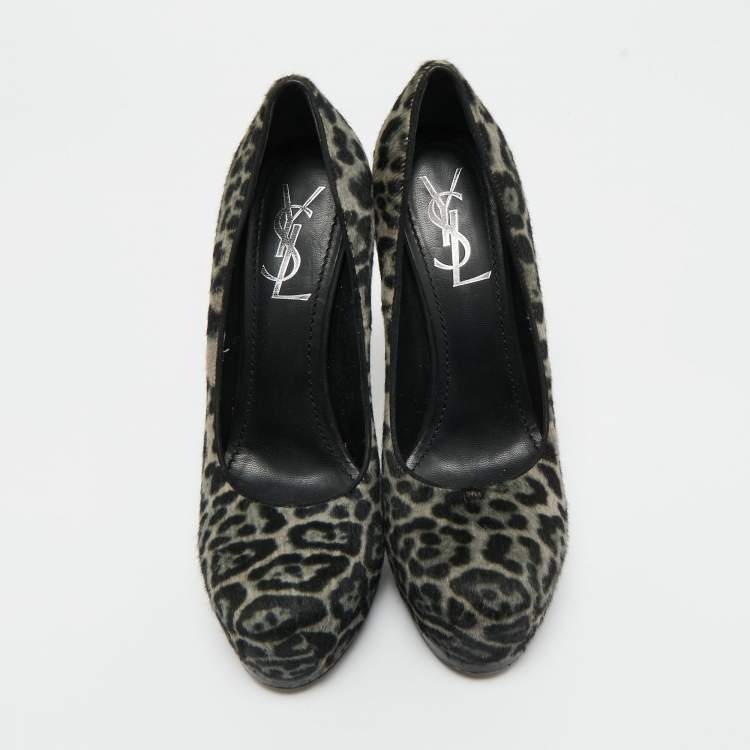 Pre Owned Saint Laurent Grey/Black Leopard Print Calf Hair Platform Pumps Size 36.5