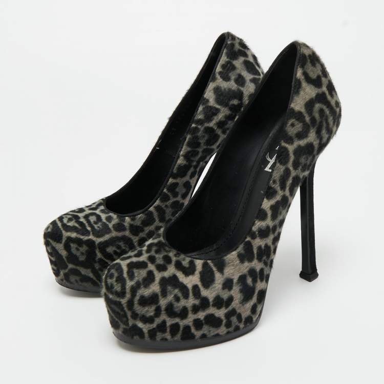 Pre Owned Saint Laurent Grey/Black Leopard Print Calf Hair Platform Pumps Size 36.5