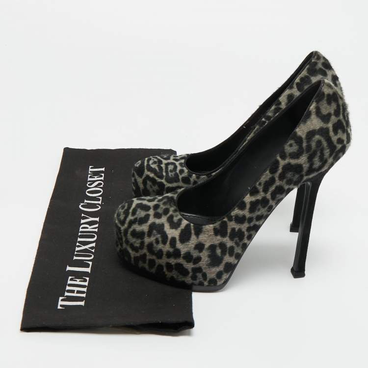 Pre Owned Saint Laurent Grey/Black Leopard Print Calf Hair Platform Pumps Size 36.5