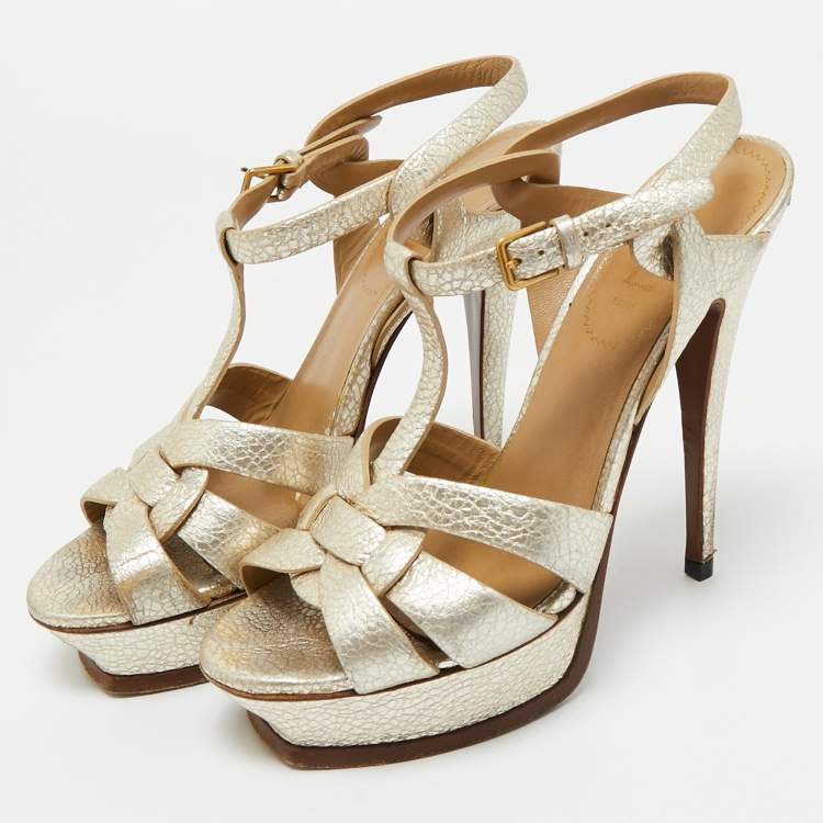 Pre Owned Yves Saint Laurent Metallic Leather Tribute Platform Sandals Size 38