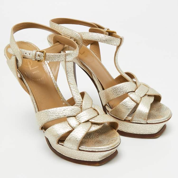 Pre Owned Yves Saint Laurent Metallic Leather Tribute Platform Sandals Size 38