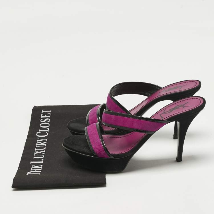 Pre Owned Yves Saint Laurent Purple/Black Patent Leather and Suede Slide Sandals Size 38.5