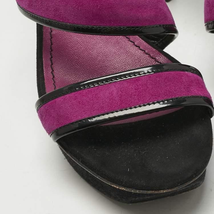 Pre Owned Yves Saint Laurent Purple/Black Patent Leather and Suede Slide Sandals Size 38.5