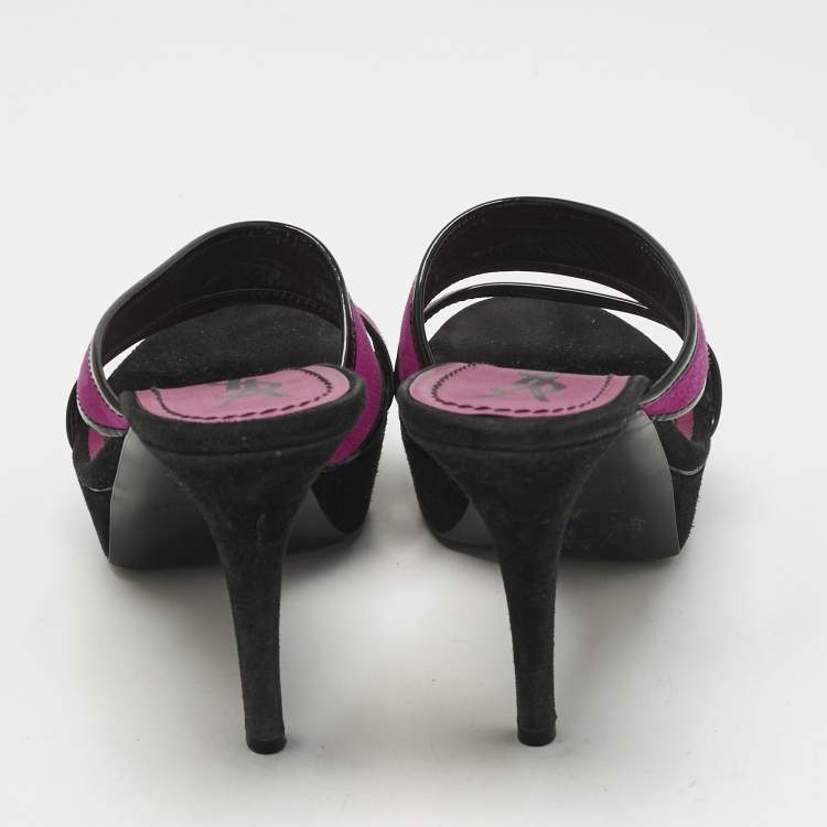 Pre Owned Yves Saint Laurent Purple/Black Patent Leather and Suede Slide Sandals Size 38.5