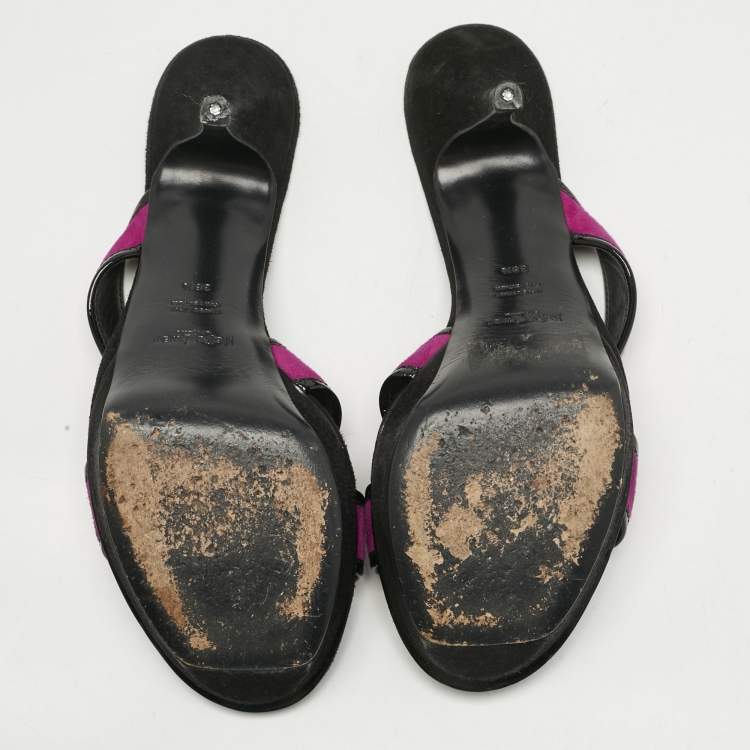 Pre Owned Yves Saint Laurent Purple/Black Patent Leather and Suede Slide Sandals Size 38.5