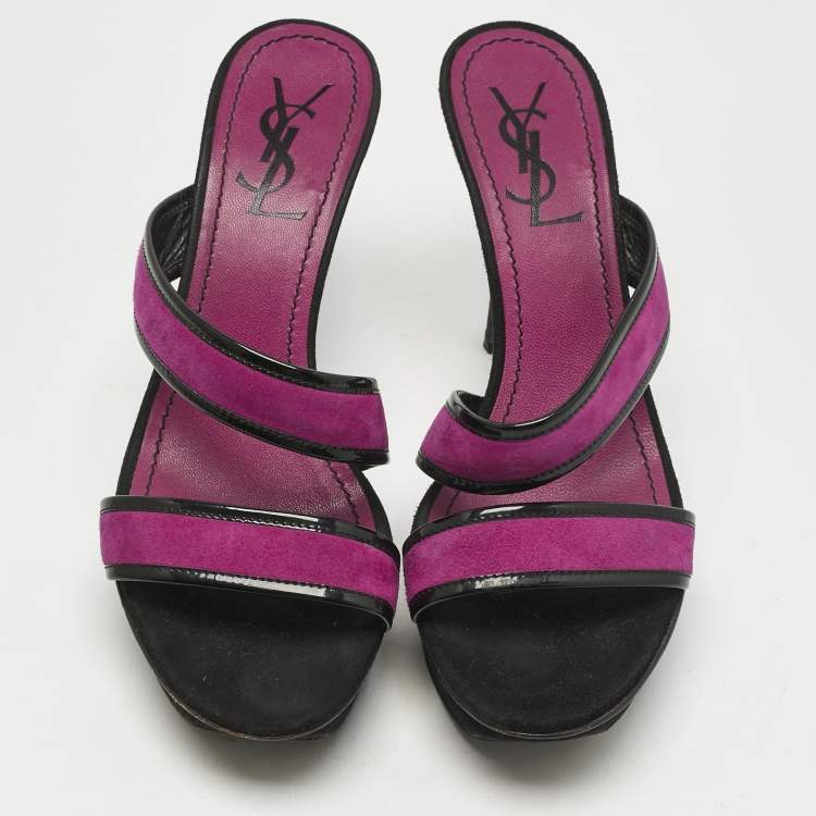 Pre Owned Yves Saint Laurent Purple/Black Patent Leather and Suede Slide Sandals Size 38.5