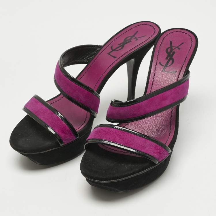Pre Owned Yves Saint Laurent Purple/Black Patent Leather and Suede Slide Sandals Size 38.5