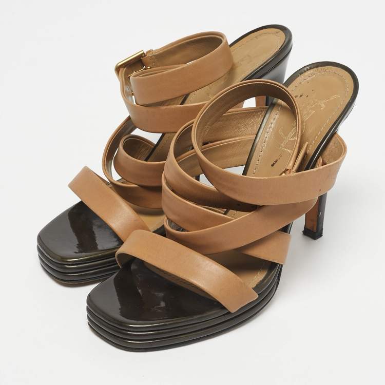Pre Owned Yves Saint Laurent Beige Leather Ankle Wrap Sandals Size 38