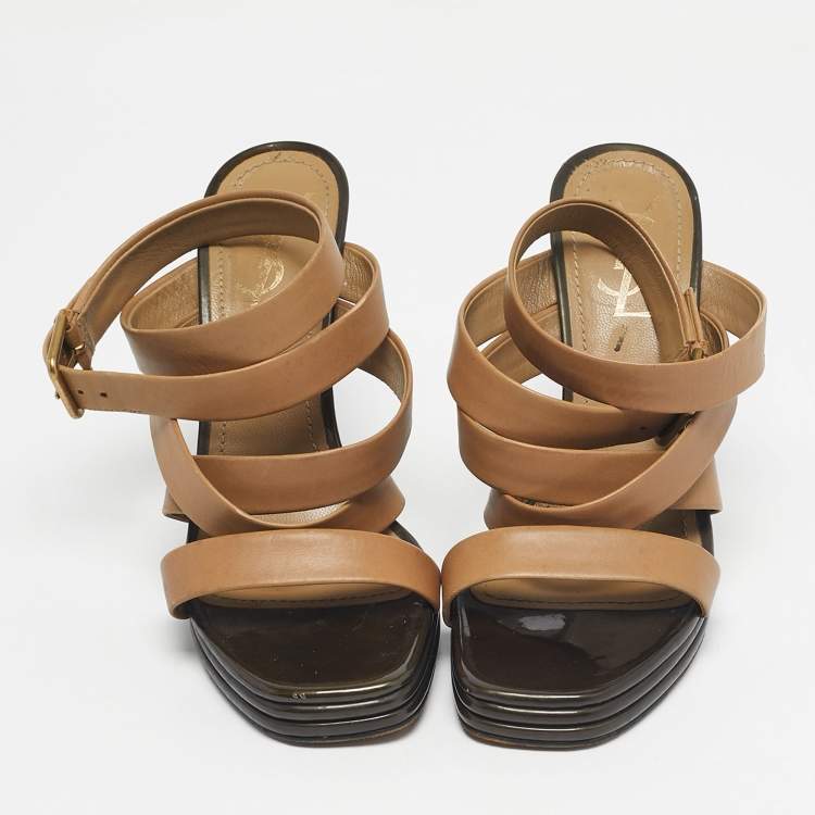 Pre Owned Yves Saint Laurent Beige Leather Ankle Wrap Sandals Size 38