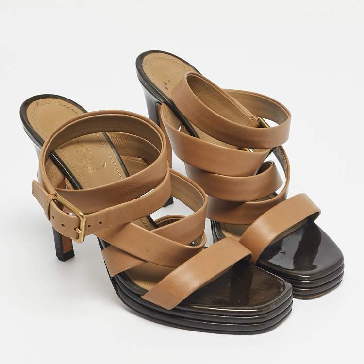 Pre Owned Yves Saint Laurent Beige Leather Ankle Wrap Sandals Size 38