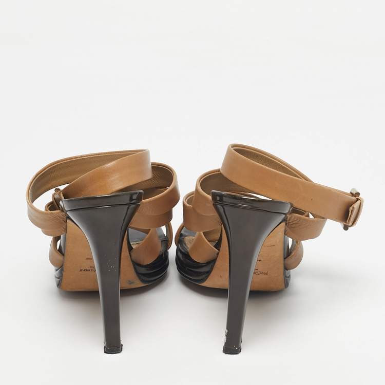 Pre Owned Yves Saint Laurent Beige Leather Ankle Wrap Sandals Size 38
