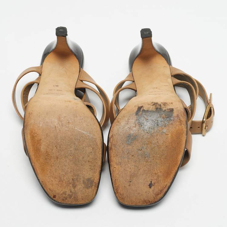 Pre Owned Yves Saint Laurent Beige Leather Ankle Wrap Sandals Size 38