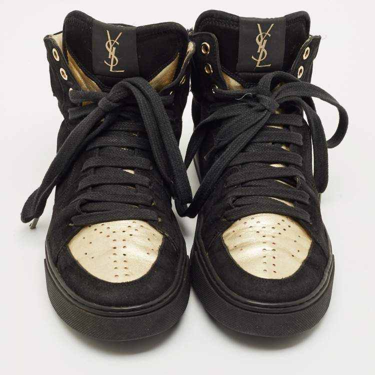 Pre Owned Yves Saint Laurent Black Leather and Suede High Top Sneakers Size 39