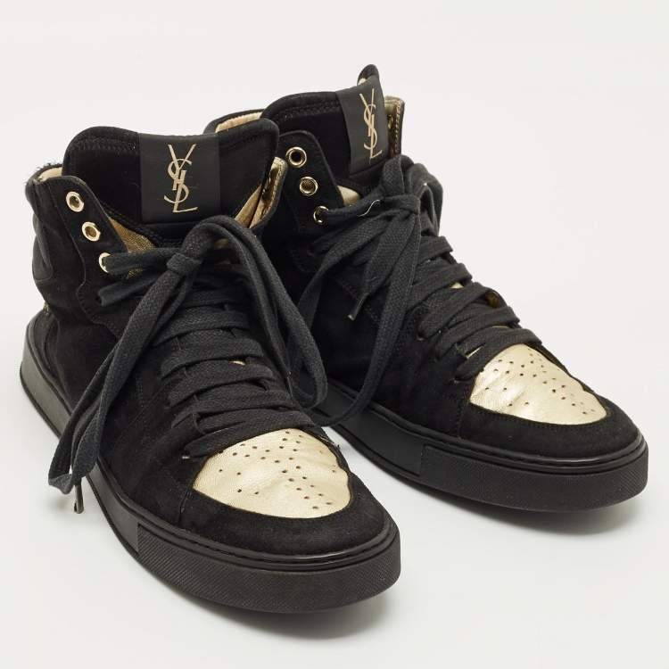 Pre Owned Yves Saint Laurent Black Leather and Suede High Top Sneakers Size 39
