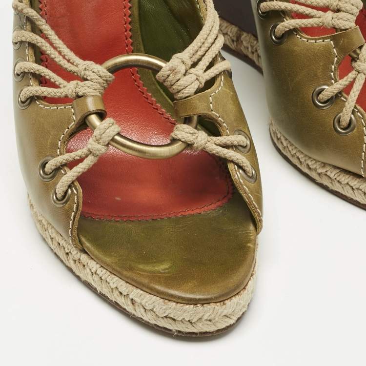 Pre Owned Yves Saint Laurent Green Leather Wedge Sandals Size 39