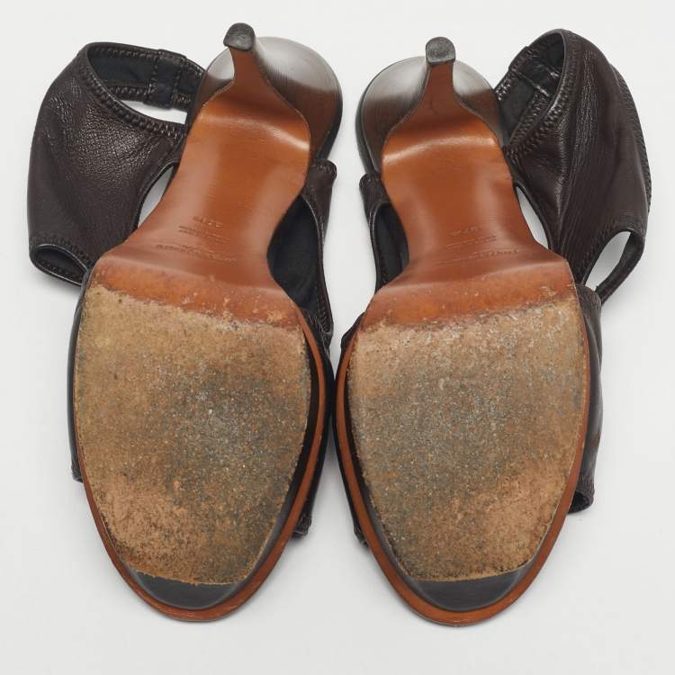 Pre Owned Yves Saint Laurent Brown Leather Ankle Strap Platform Sandals Size 37.5