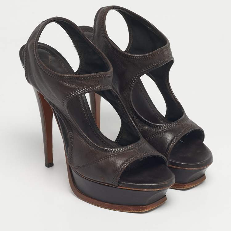 Pre Owned Yves Saint Laurent Brown Leather Ankle Strap Platform Sandals Size 37.5