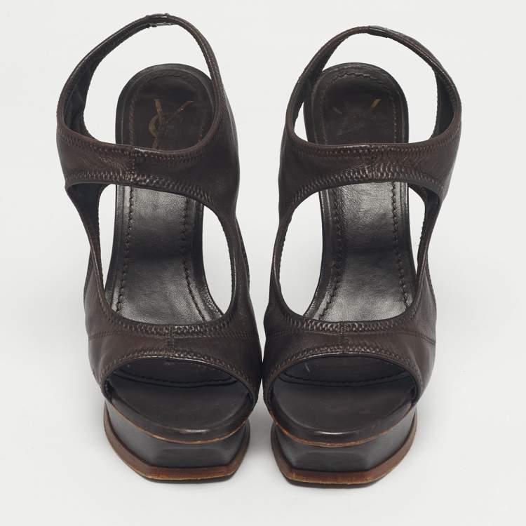 Pre Owned Yves Saint Laurent Brown Leather Ankle Strap Platform Sandals Size 37.5