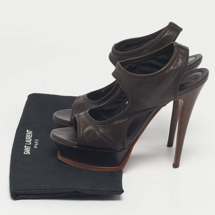Pre Owned Yves Saint Laurent Brown Leather Ankle Strap Platform Sandals Size 37.5