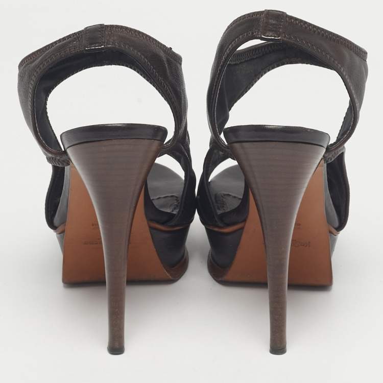 Pre Owned Yves Saint Laurent Brown Leather Ankle Strap Platform Sandals Size 37.5