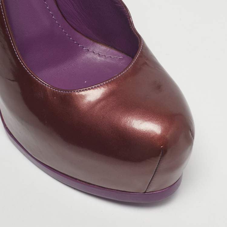 Pre Owned Yves Saint Laurent Burgundy Patent Leather Tribtoo Platform Slingback Pumps Size 37