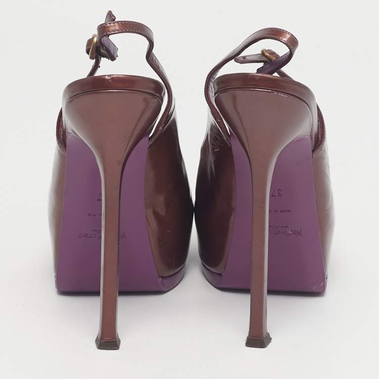 Pre Owned Yves Saint Laurent Burgundy Patent Leather Tribtoo Platform Slingback Pumps Size 37