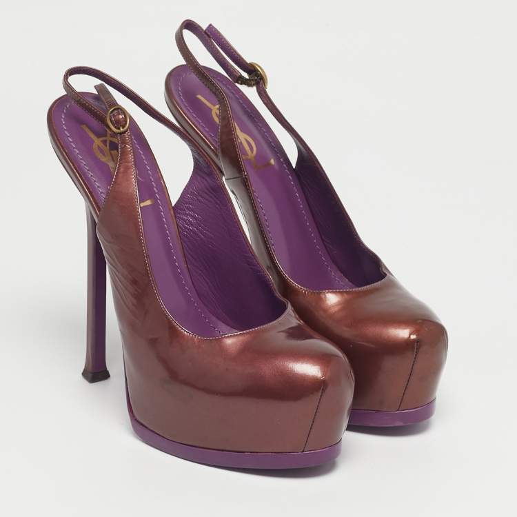 Pre Owned Yves Saint Laurent Burgundy Patent Leather Tribtoo Platform Slingback Pumps Size 37