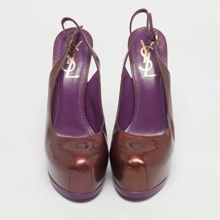 Pre Owned Yves Saint Laurent Burgundy Patent Leather Tribtoo Platform Slingback Pumps Size 37